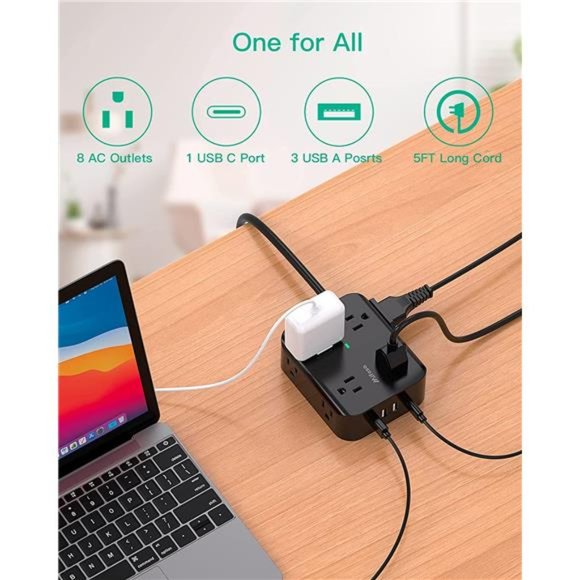 Power Strip Surge Protector - Flat Plug 8 Wide Outlets with 4 USB Ports, 5FT - Picture 3 of 7